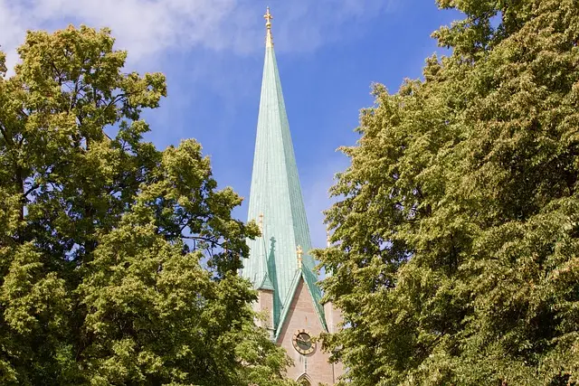 Linköpings domkyrka i Linköping, Sverige, omgiven av gröna träd