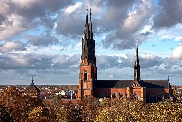 Uppsala domkyrka och stadsvy i Uppsala en höstdag